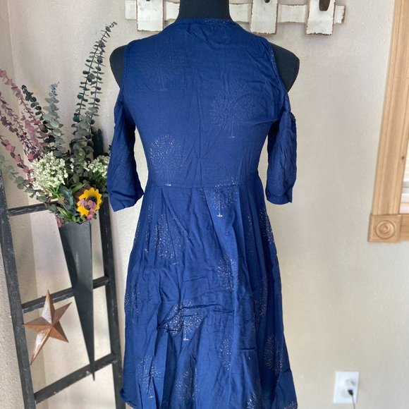 4/$20 Sassafras Navy Dandelion Cold Shoulder Full Button Up Dress S - Picture 7 of 11